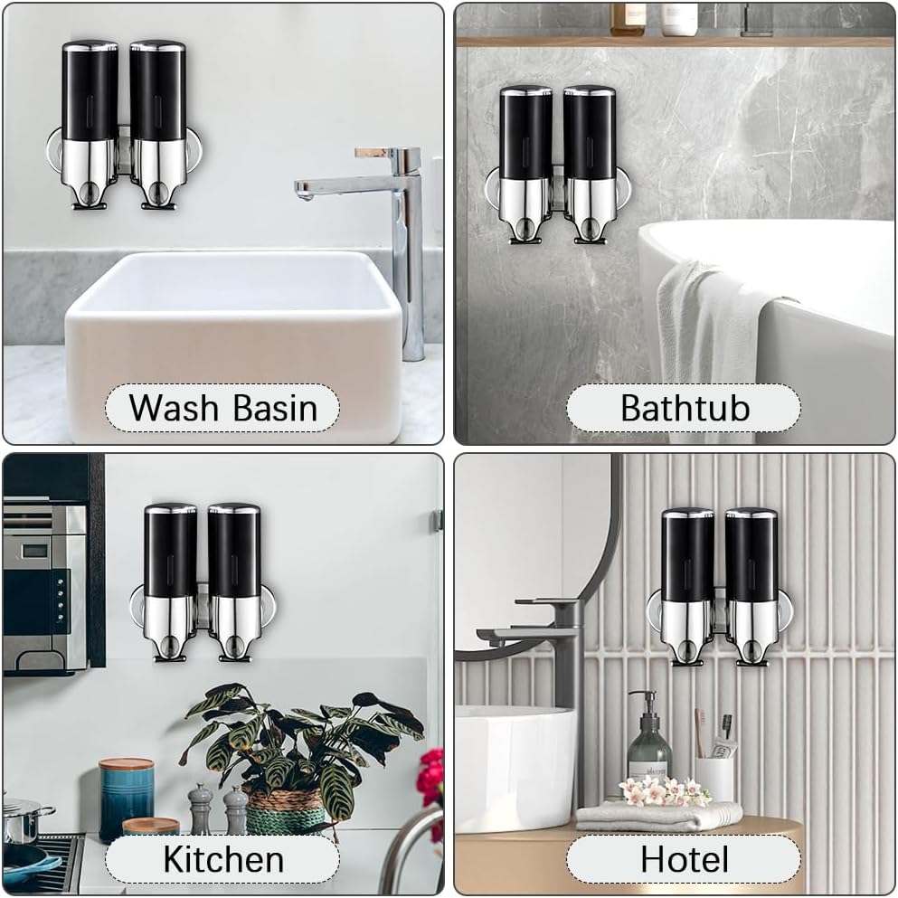 2 in 1 Chamber Wall Mounted Shampoo and Conditioner Dispenser (Black) | No Drill Shower Soap Dispenser for Bathroom &