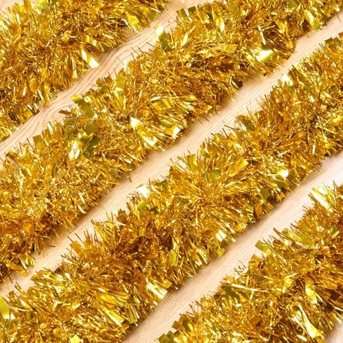 50Ft Gold Christmas Garland Decorations,Xams Tinsel Stems Non-Lit Soft Twist Garland Decor for Tree Stairs Railing Front Door Mantle Fireplace Indoor Outdoor Holiday Home