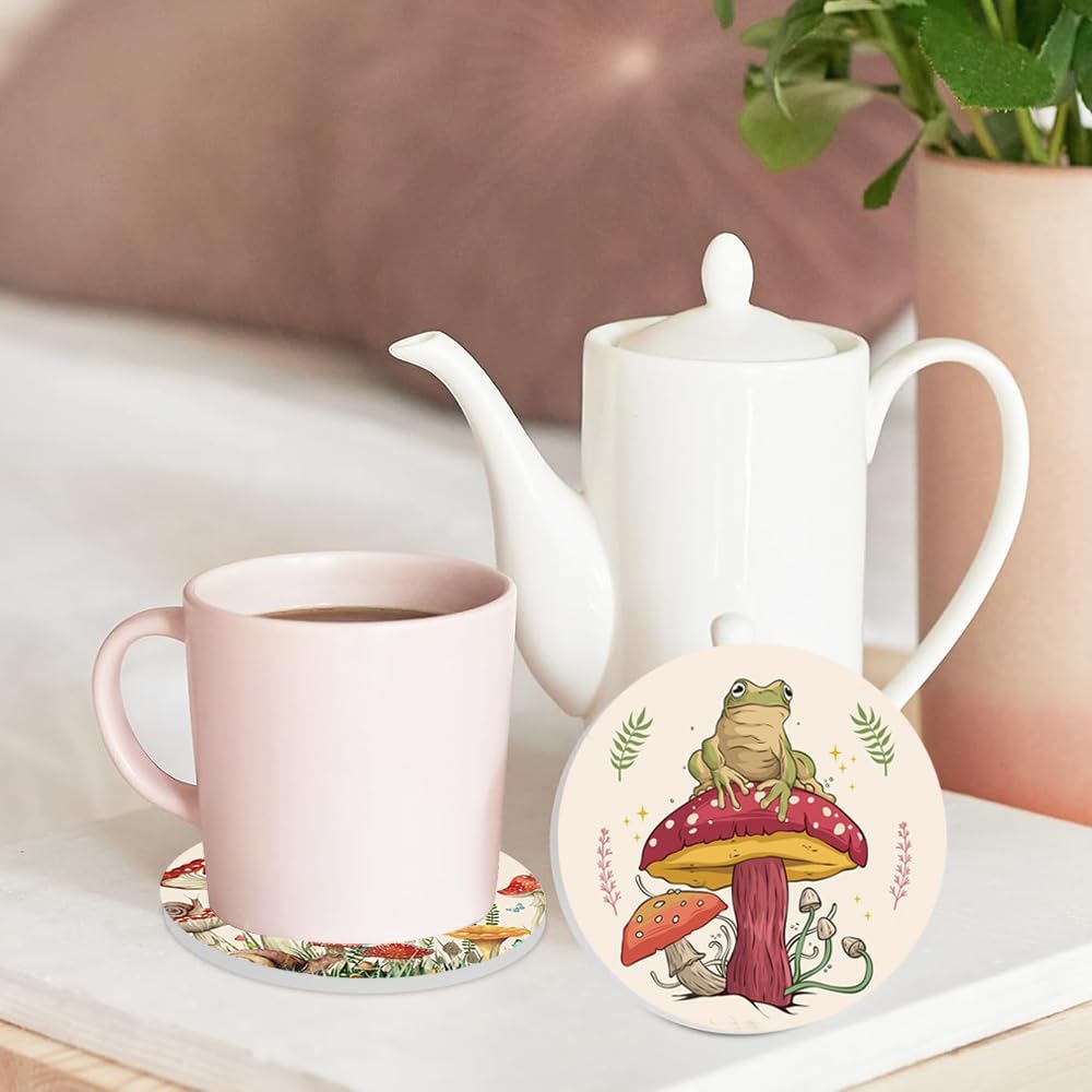 Witchy Frog Absorbent Ceramic Drink Coaster for Cup Mat Coffee Table / Mushroom / Set of 6