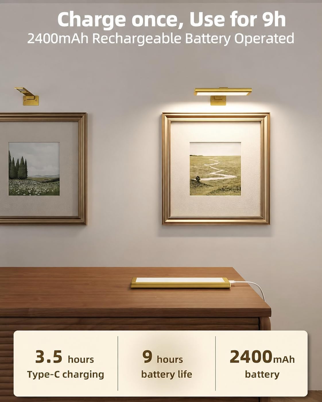 EZVALO Picture Light for Wall, Rechargeable 2400mAh Gold Lights Wireless with IR Remote, 3 Color & Dimmable Magnetic