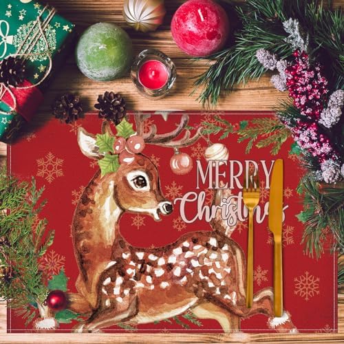 Hushee 6 Pcs Christmas Placemats Retro Santa Snowman 12x18 Inch