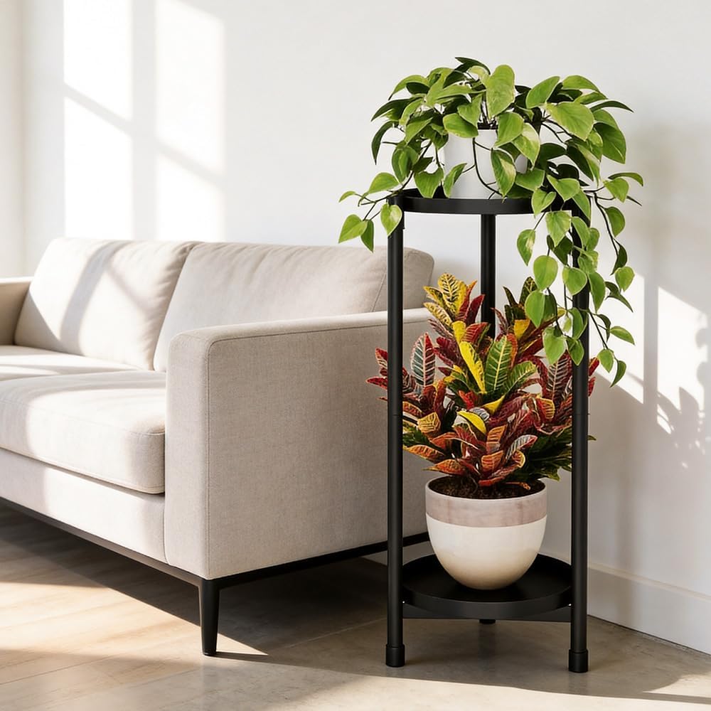 2 Tier Black Plant Stand Indoor Outdoor,30 Inch Tall Metal Flower