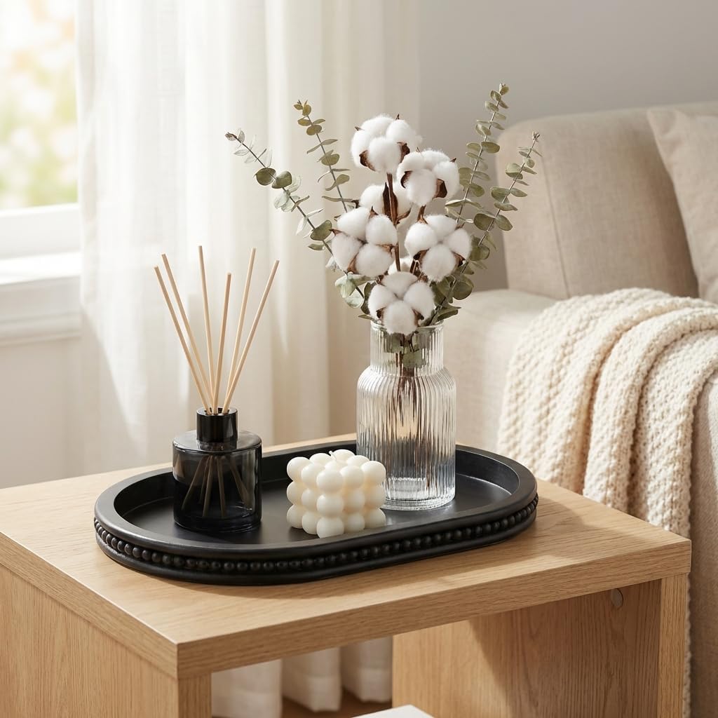Oval Centerpiece Tray Wood for Farmhouse Entry Table Decor Round / Black