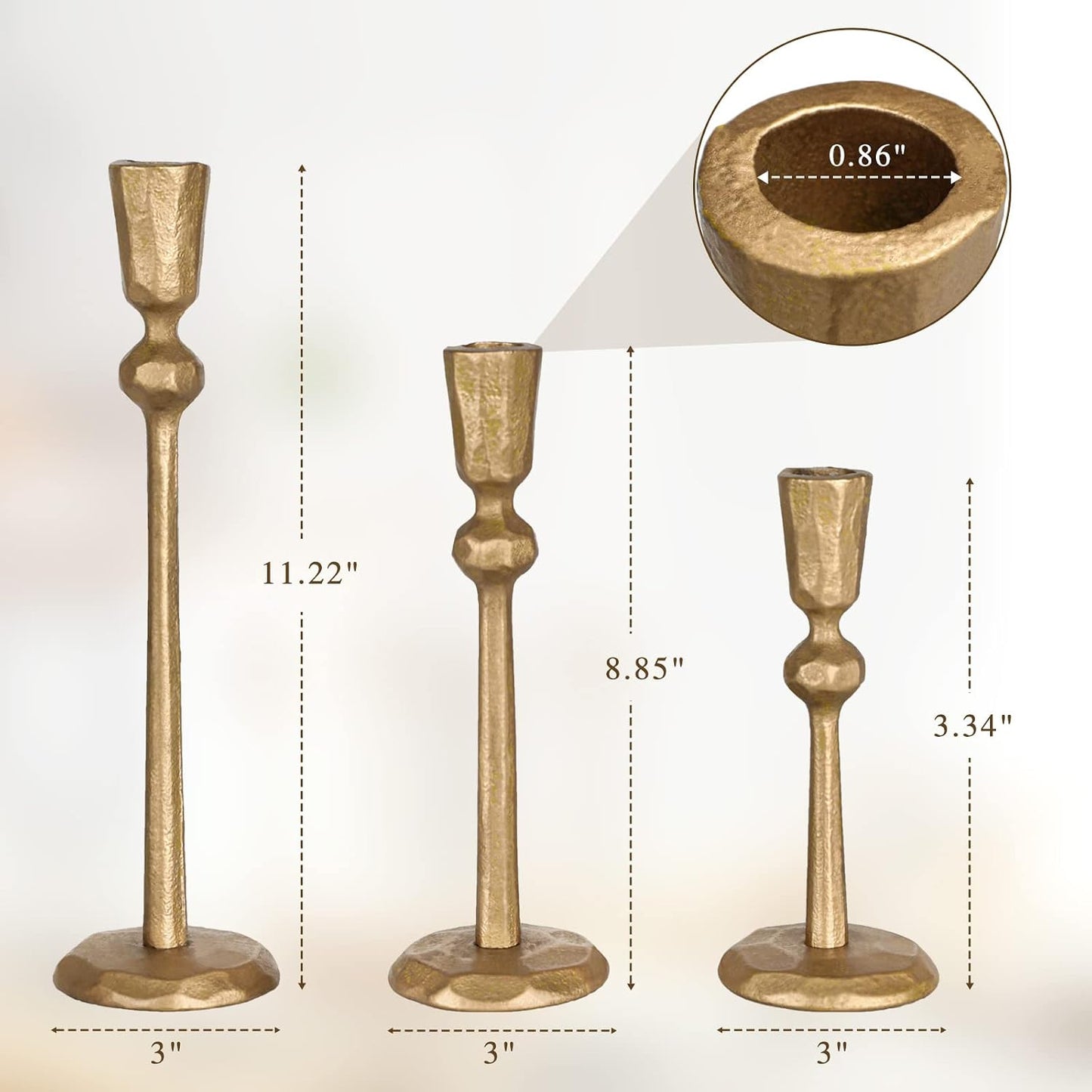 Antique Brass Iron Taper Candle Holder - Set of 3 Decorative Candle Stand | Candlestick Holder for Wedding, Dinning