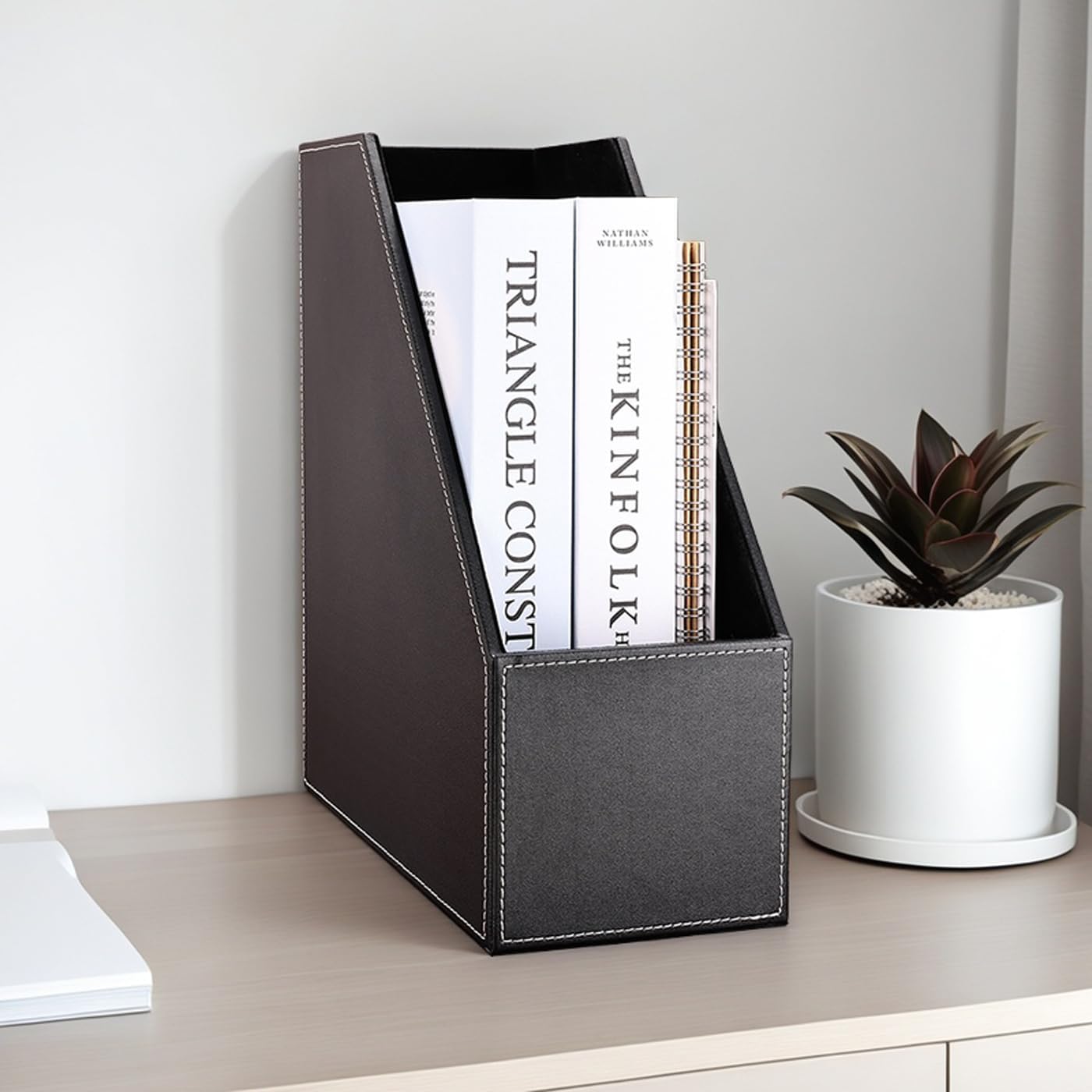 Wooden Leatherette Desktop File Folder Organizer and Document File Stand Journals Magazine Rack 2 Slots (black)
