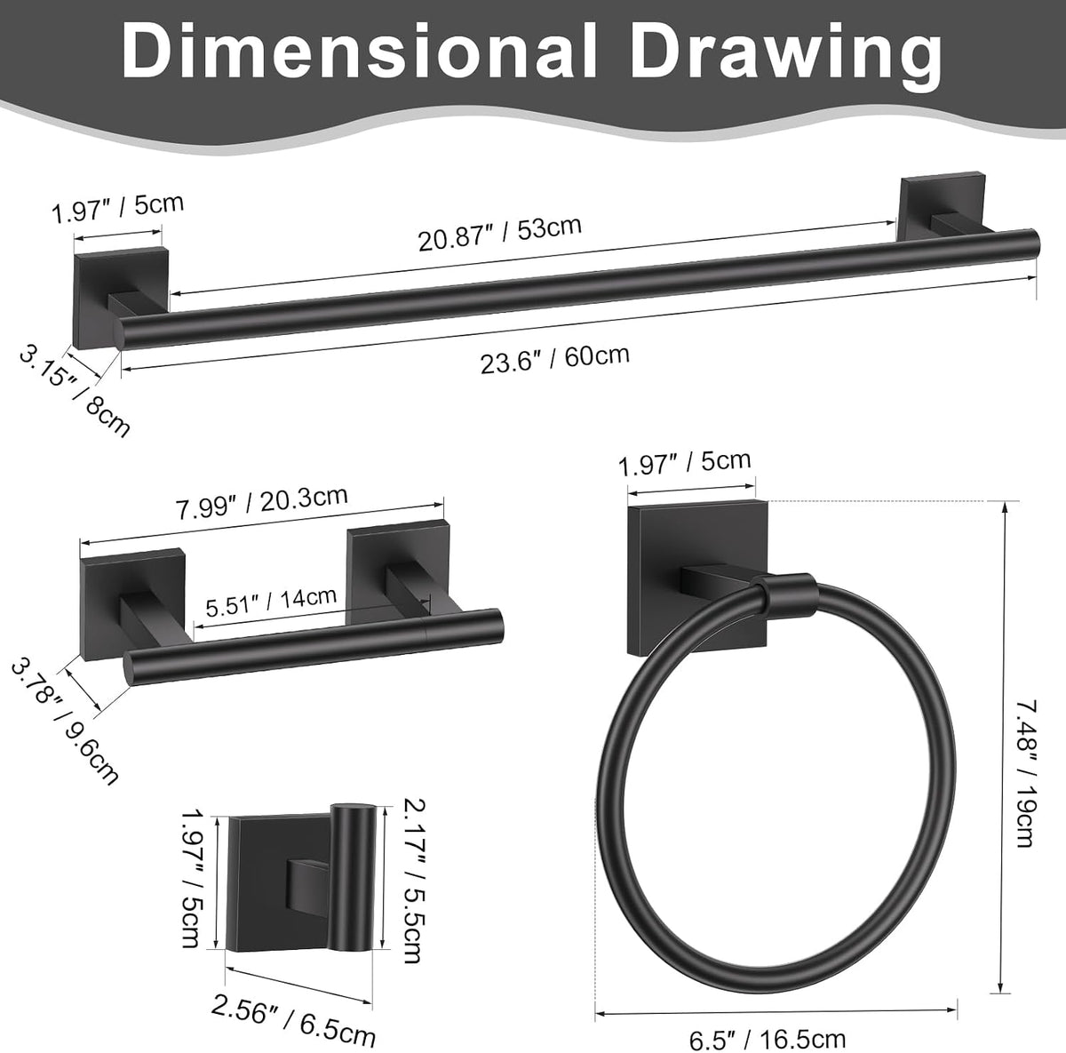 Matte Black Bathroom Hardware Accessories Towel Bar Set 5 Pieces Double Dase Toilet Paper Holder Towel Holder Set 23.6