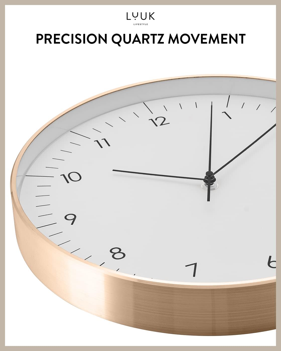 Modern Silent Quartz Wall Clock, 12in, White & Gold | Minimalist & Retro, for Living Room, Bedroom, Kitchen, Foyer