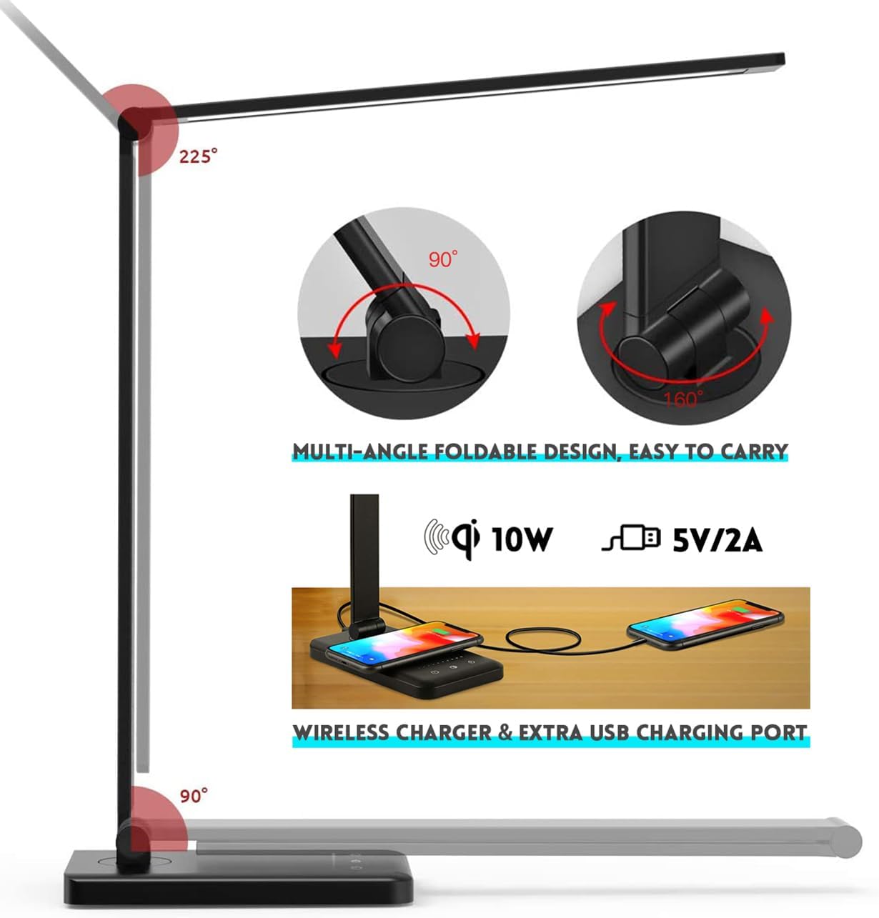 LED Desk Lamp with Wireless Charger, USB Charging Port, 10 Brightness, 5 Color Modes, Desk Lamps for Home Office