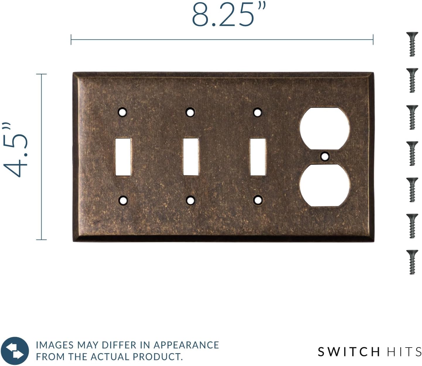 Triple Light Switch Plate Outlet Cover GFCI Wall Plate | 3 Toggle - 1 Duplex Mottled Antique Brass Electrical Faceplate