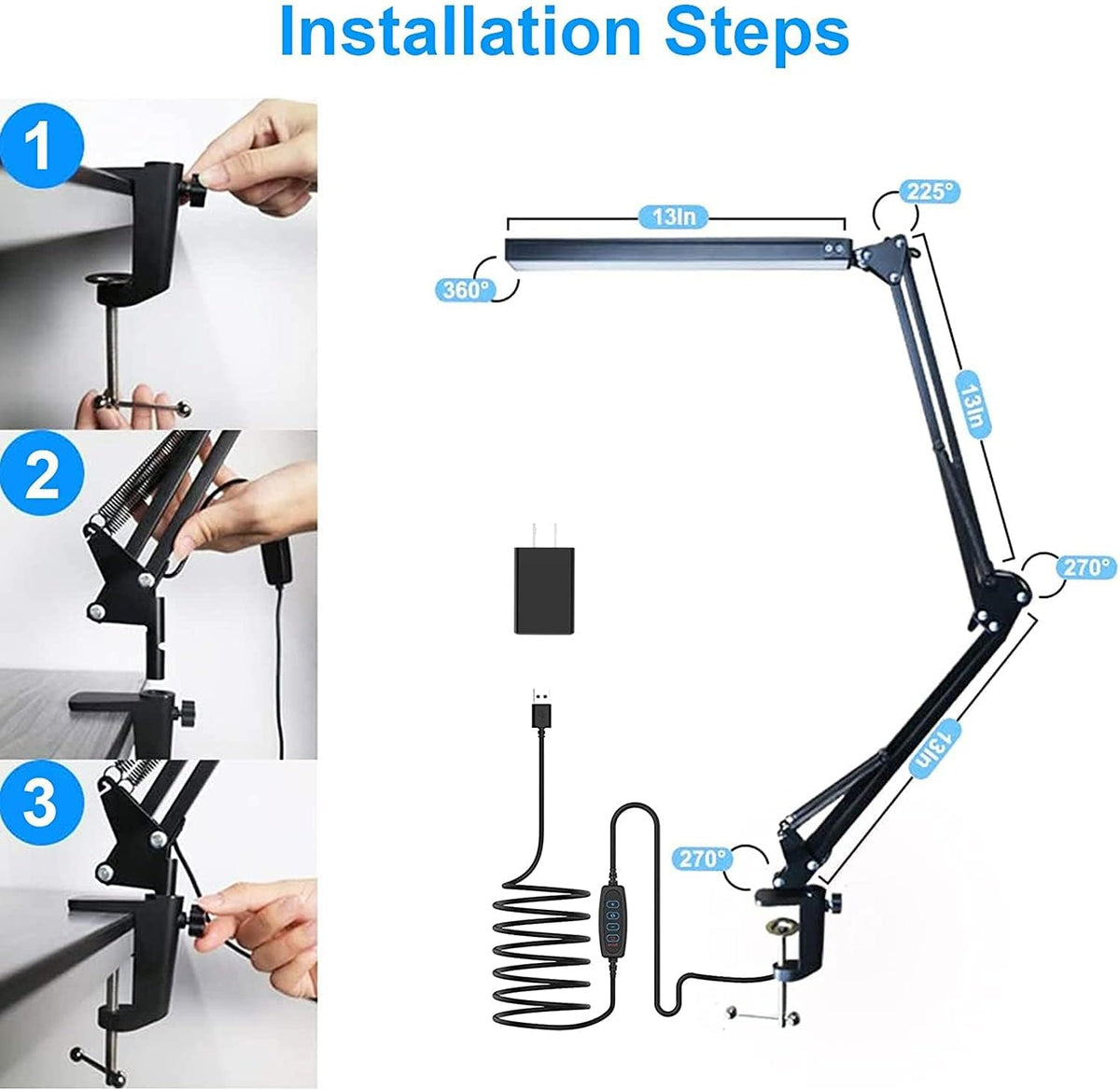 LED Desk Lamp for Home,Office,Reading,Adjustable Eye-Caring Desk Light with Clamp,Swing Arm Lamp Includes 3 Color