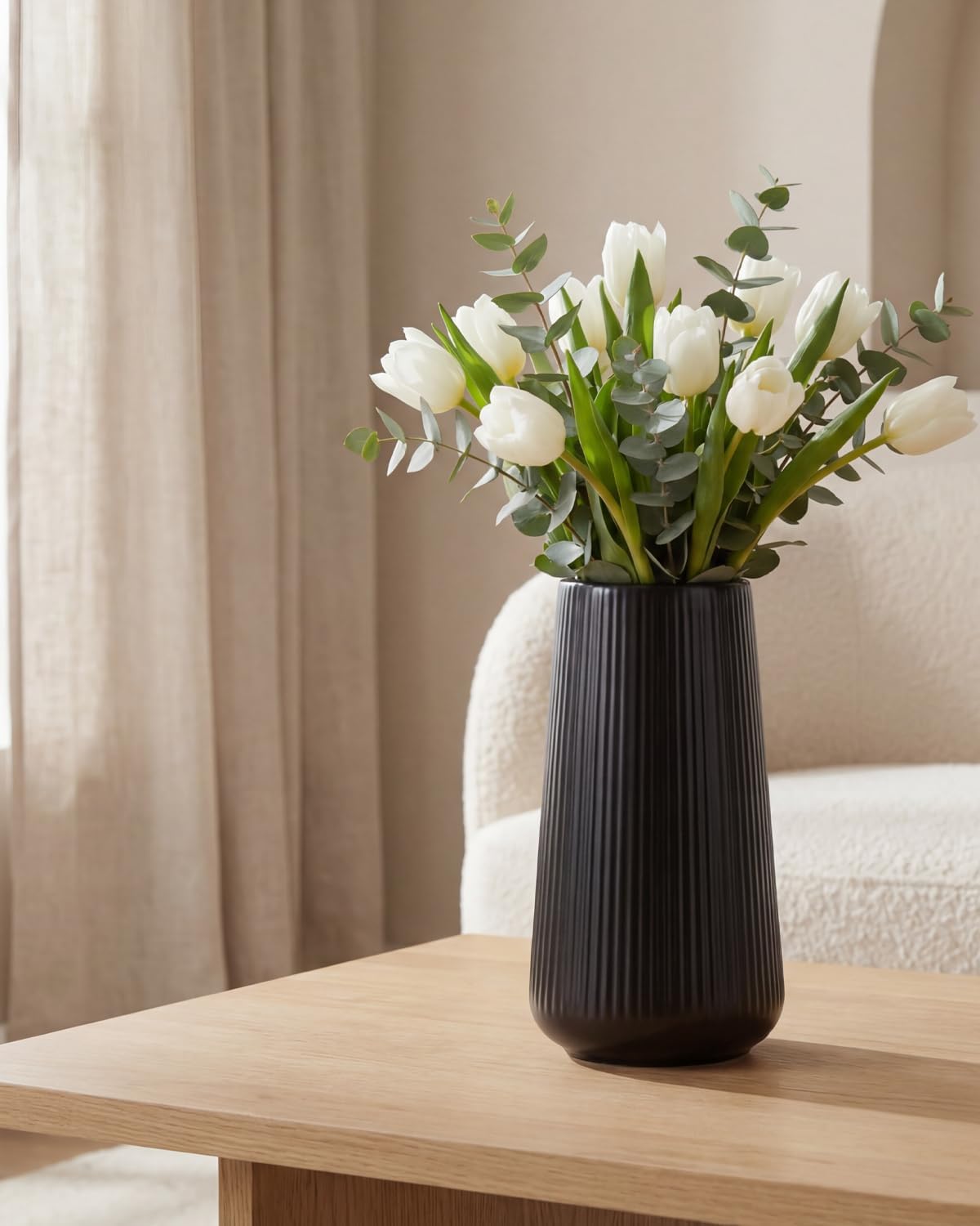 Ceramic Vase / Modern Ribbed Decorative Vase / Black01 / Black / 8 Inch