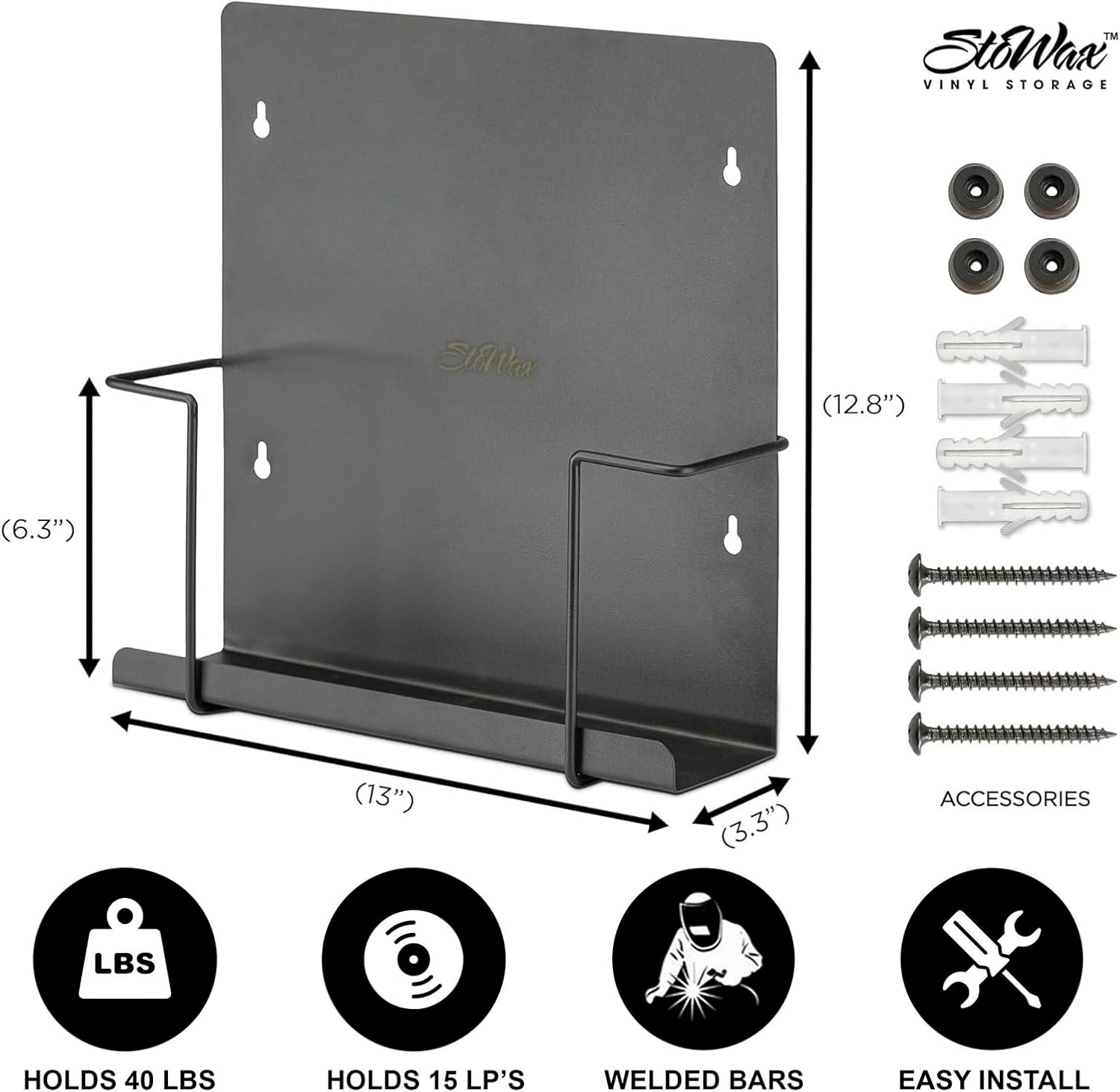 Vinyl Record Storage Wall Mount Display Shelf - Matte Black 2-Pack | Premium one-piece solid-steel record holder