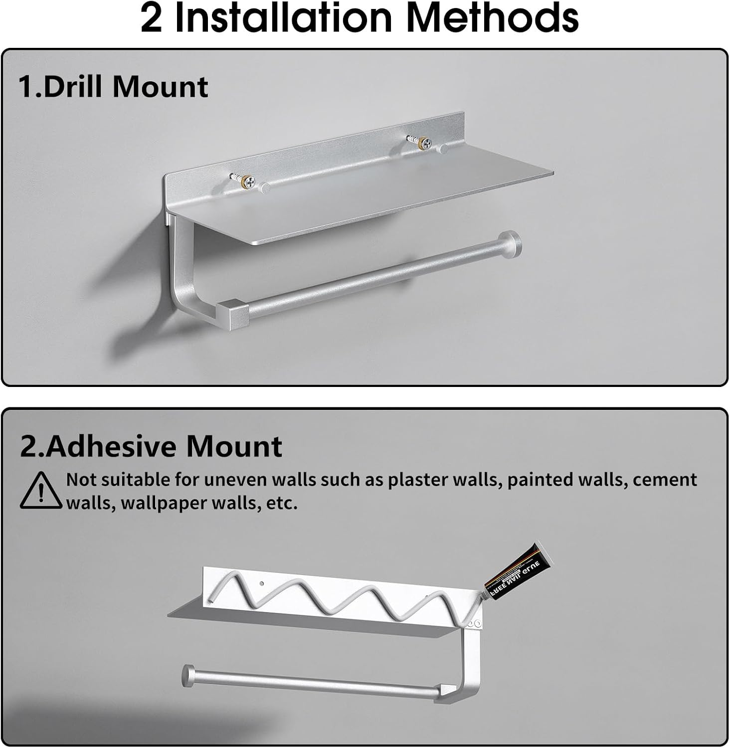 Wall Mount Paper Towel Holder with Shelf for Bathroom/Kitchen, Adhesive Hand Towel Holder, Matte Silver