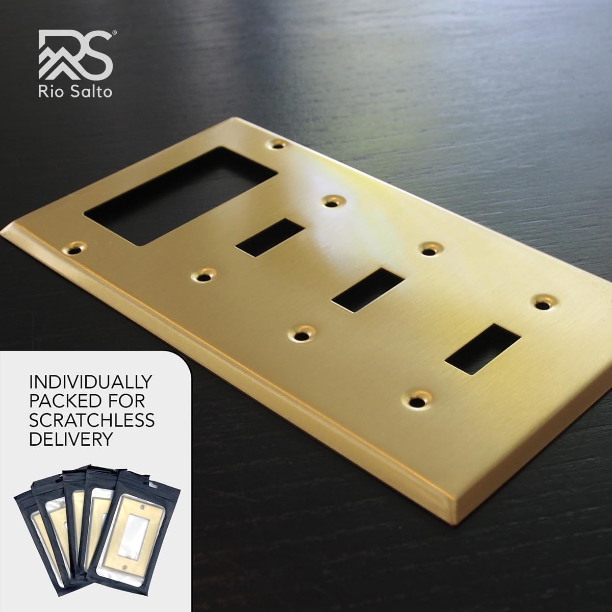 Rio Salto BRASS Metal 4-Gang Gold Outlet Cover or Light Switch Cover Wall Plate, Quad Toggle Rocker Combination