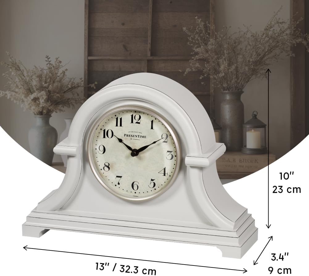 Vintage Farmhouse Mantel Clock, Napoleon Desk Clock | 13 x 10 inch, Domed Lens, Quartz Movement, ABS Plastic Case, Gray