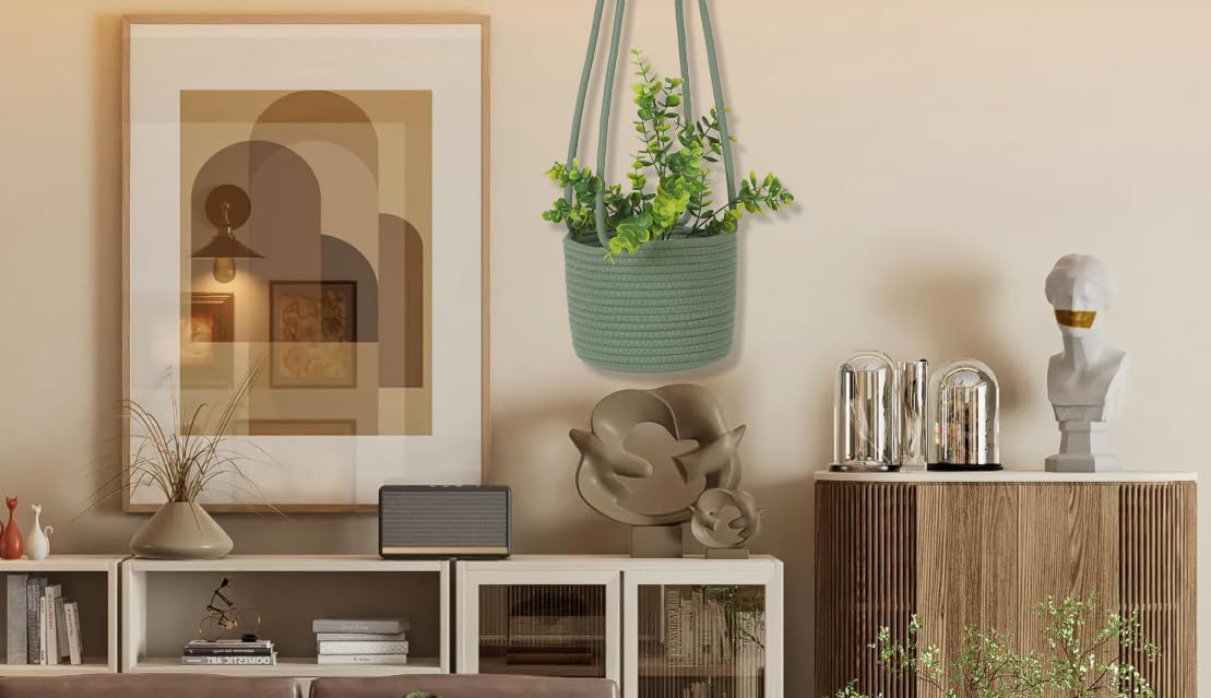 Hanging Planter Basket Jute Rope Woven Plant Hangers Indoor Hanging Plant Holder Up to 7 / Green