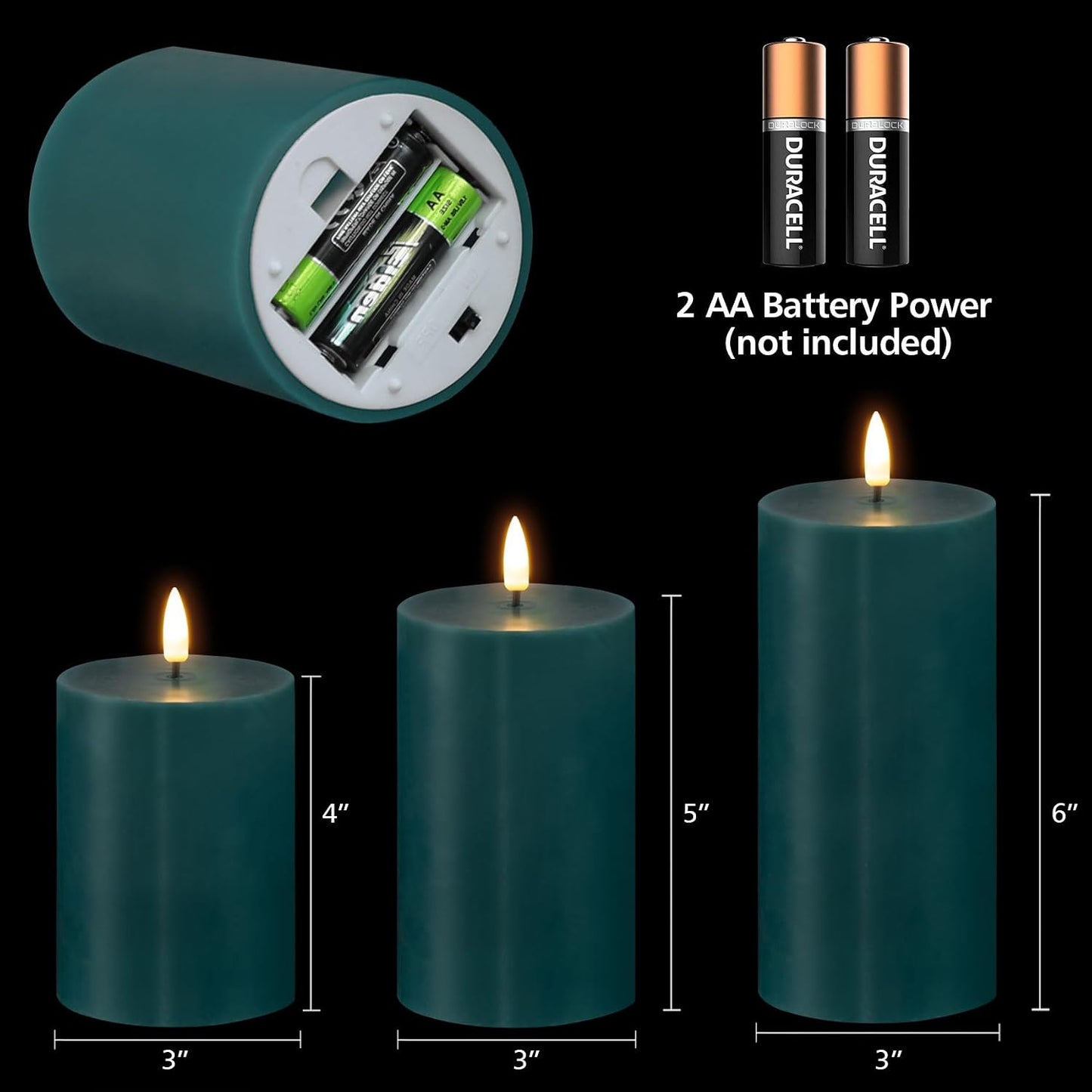 Green Flameless Pillar Candles with Remote Set of 3 | Flickering LED Candles, 2 AA Battery Power, Flat Top Real Wax