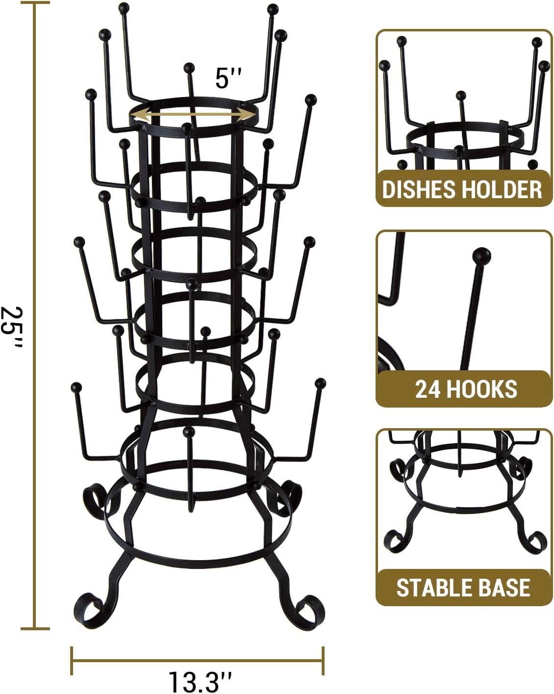 MyGift 24 Hook Rustic Mug Tree Holder for Coffee Cups & Glasses Rack | 24-hook black iron mug holder displays coffee