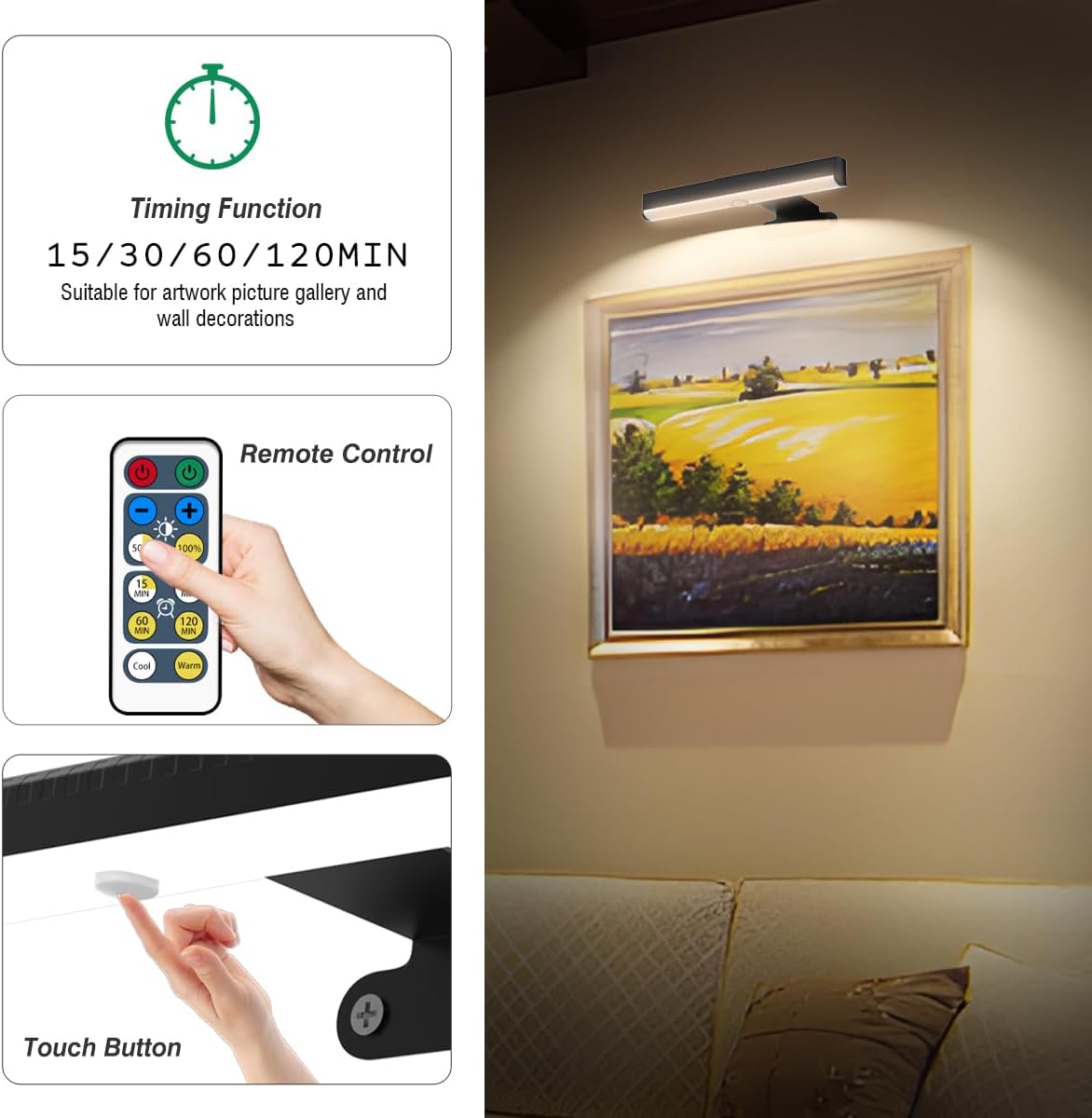 EUIOKUN Wireless Picture Light with Remote,Battery Operated Wall Sconces | 4Pcs Painting Light for Wall