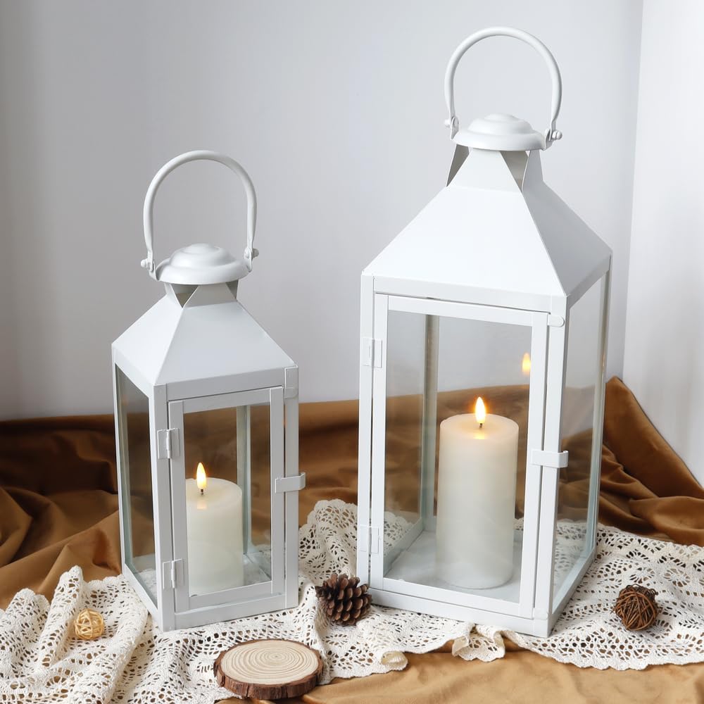 JHY DESIGN Set of 2 Cream Decorative Lanterns 17.5inch&13.5inch Metal Candle Lanterns for Indoor Outdoor Events Paritie