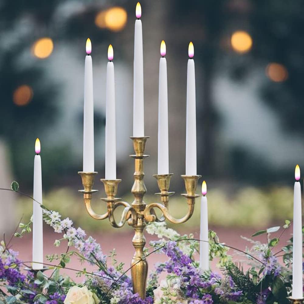 White Flameless Taper Candles Battery Operated Remote Timer 8 Pack | 3D Wick Flickering LED Candlesticks, 400 Hours