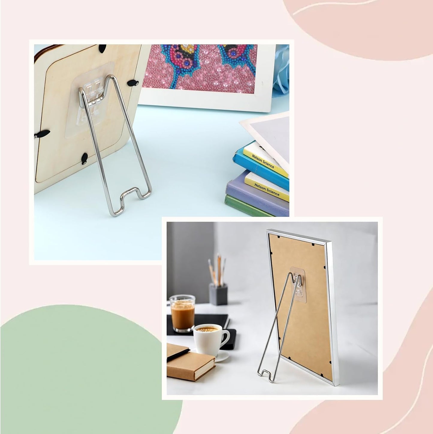 Self Adhesive Photo Frame Stands for Frames / Silver 3 Sizes / Set of 6