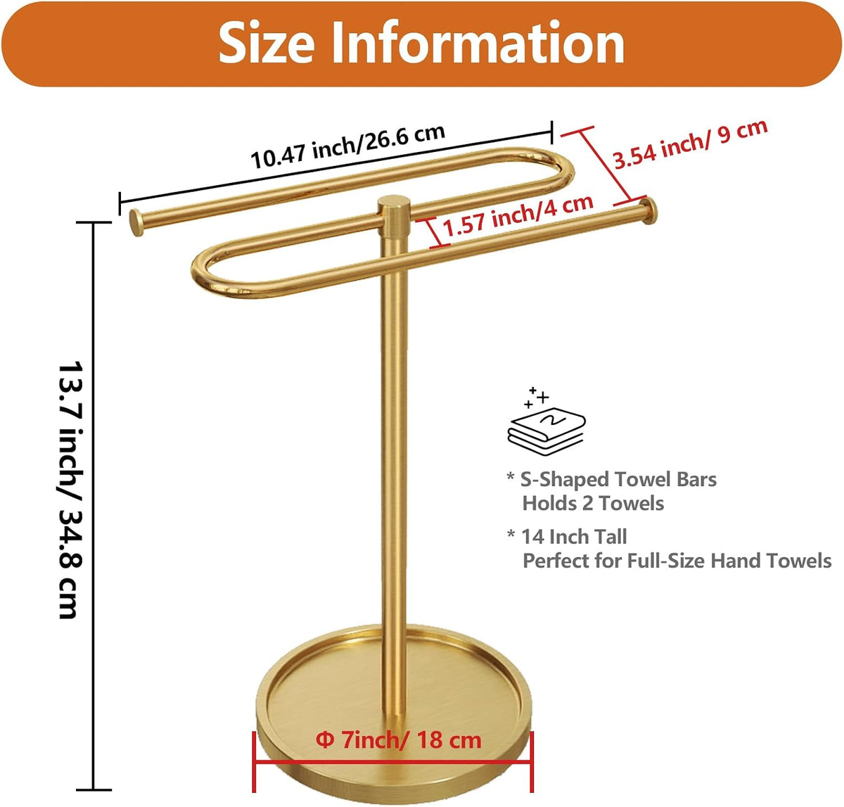 Bethom Bathroom Hand Towel Holder Stand Gold, S-Shape Kitchen Towel Rack | Stainless Steel Countertop Towel Standing