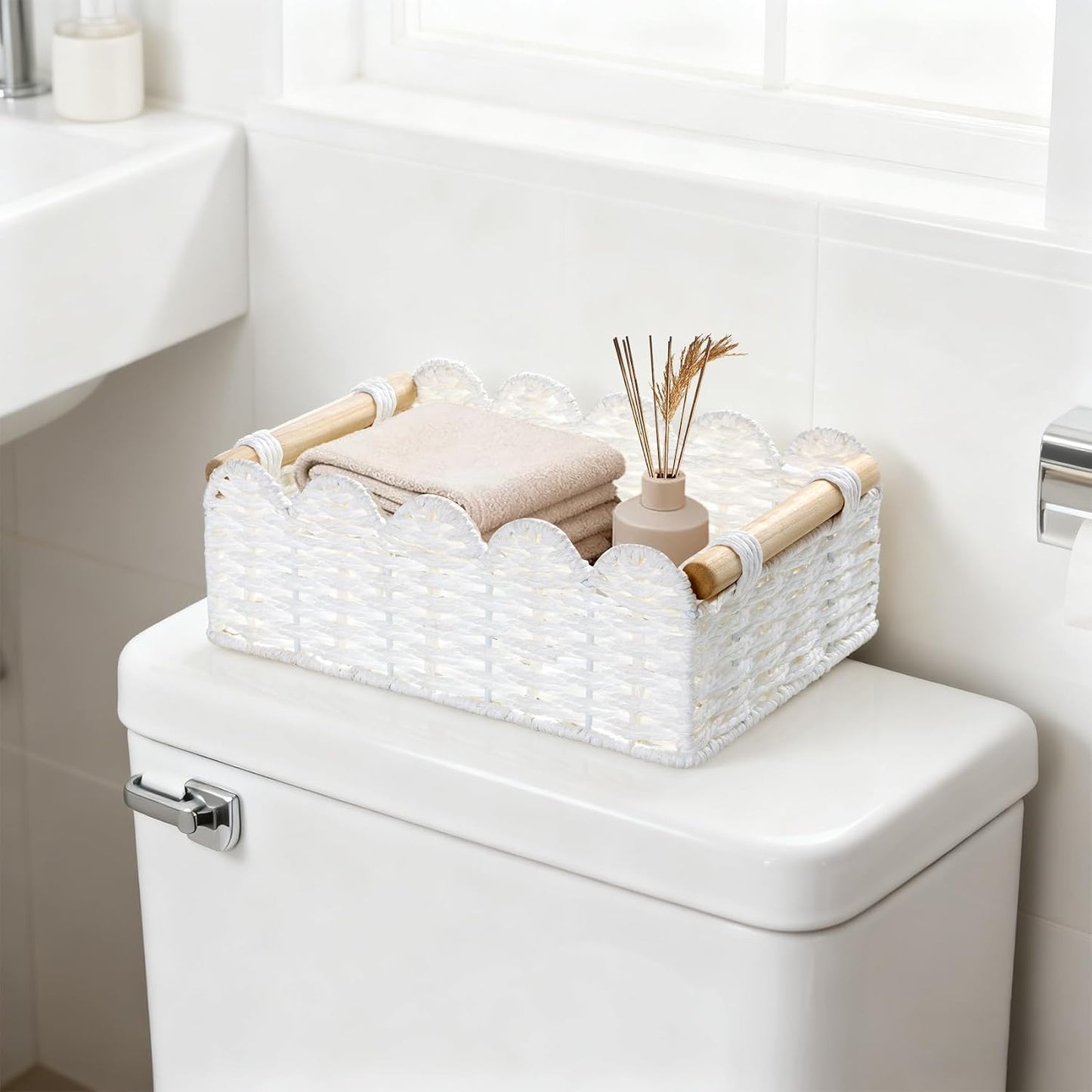 Wooden Handles Hand-Woven Organizer Bin / White-b / Set of 2