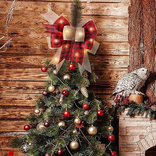 SIMISI RIBBON LED Christmas Buffalo Plaid Bow Rustic Burlap Black Red Crafts Wreath Bow with LED Lights for Holiday Decorations (9.5 x 13 inch)