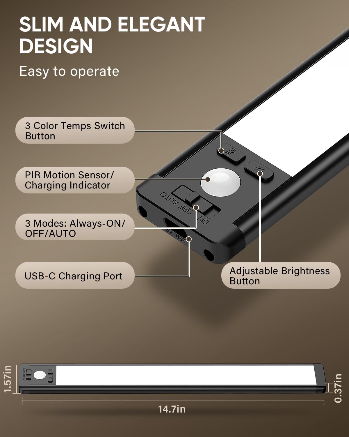 MCGOR 14.7inch Under Cabinet Lighting, Wireless Motion Sensor Light,3 Pack | 3 Color Temps, Rechargeable, 2200mAh