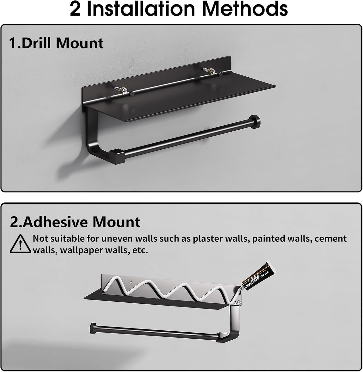 Wall Mount Paper Towel Holder with Shelf for Bathroom/Kitchen, Adhesive Hand Towel Holder, Matte Black