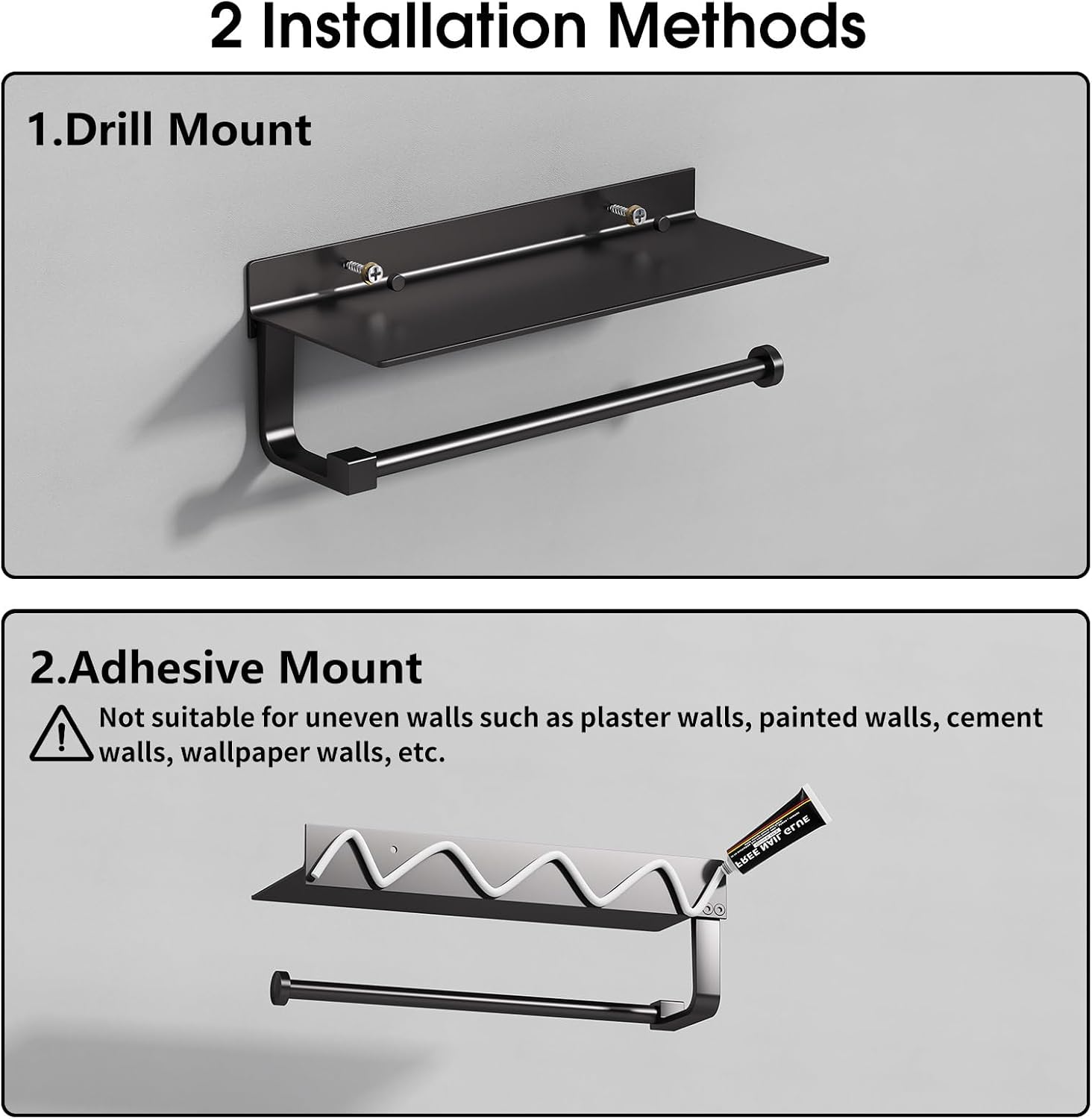 Wall Mount Paper Towel Holder with Shelf for Bathroom/Kitchen, Adhesive Hand Towel Holder, Matte Black