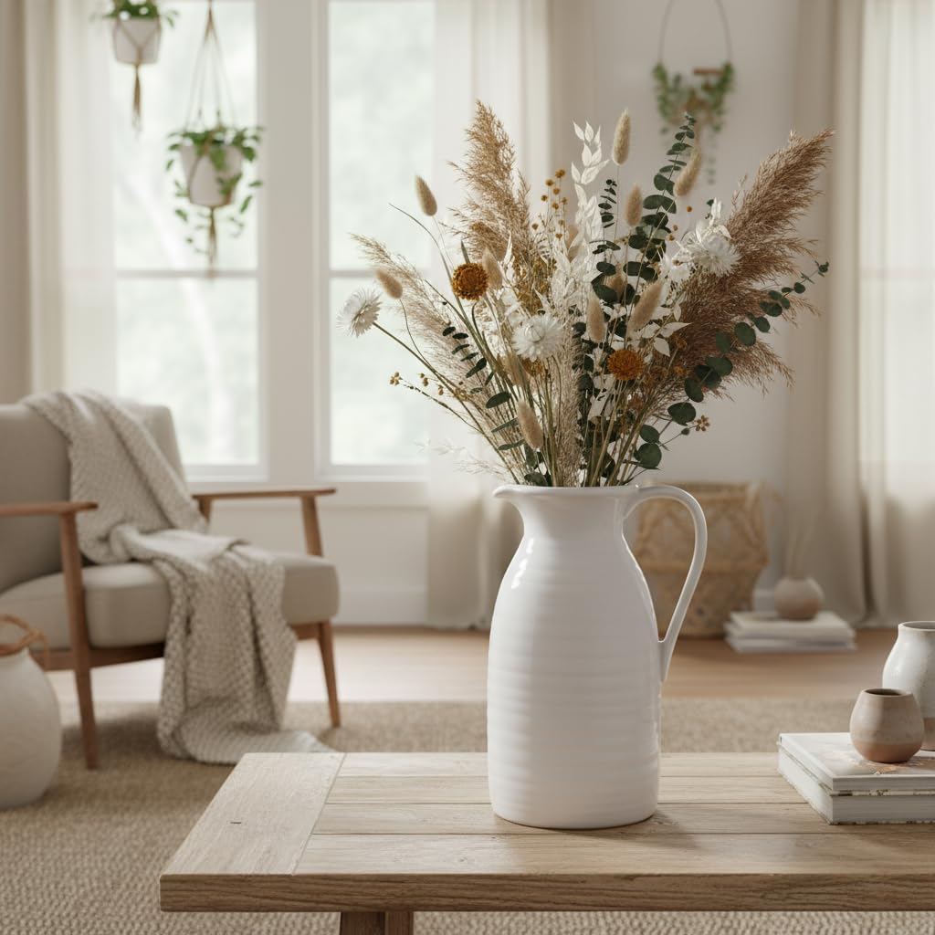 Farmhouse Pitcher Vase for Flowers- Ceramic Pitcher White Flower Vase / White - Pitcher Vase