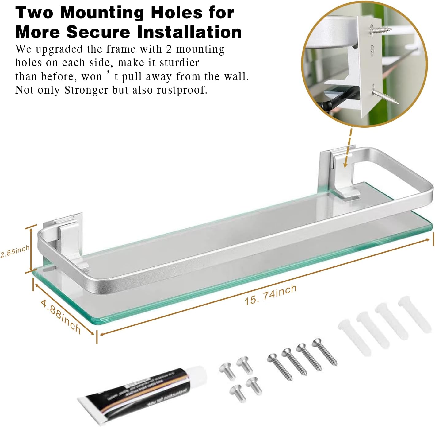 Bathroom Wall Shelf 15.7in Bathroom Glass Shelves Wall Mount Glass Shelf Rustproof Bathroom Wall Organizer 3 Tier
