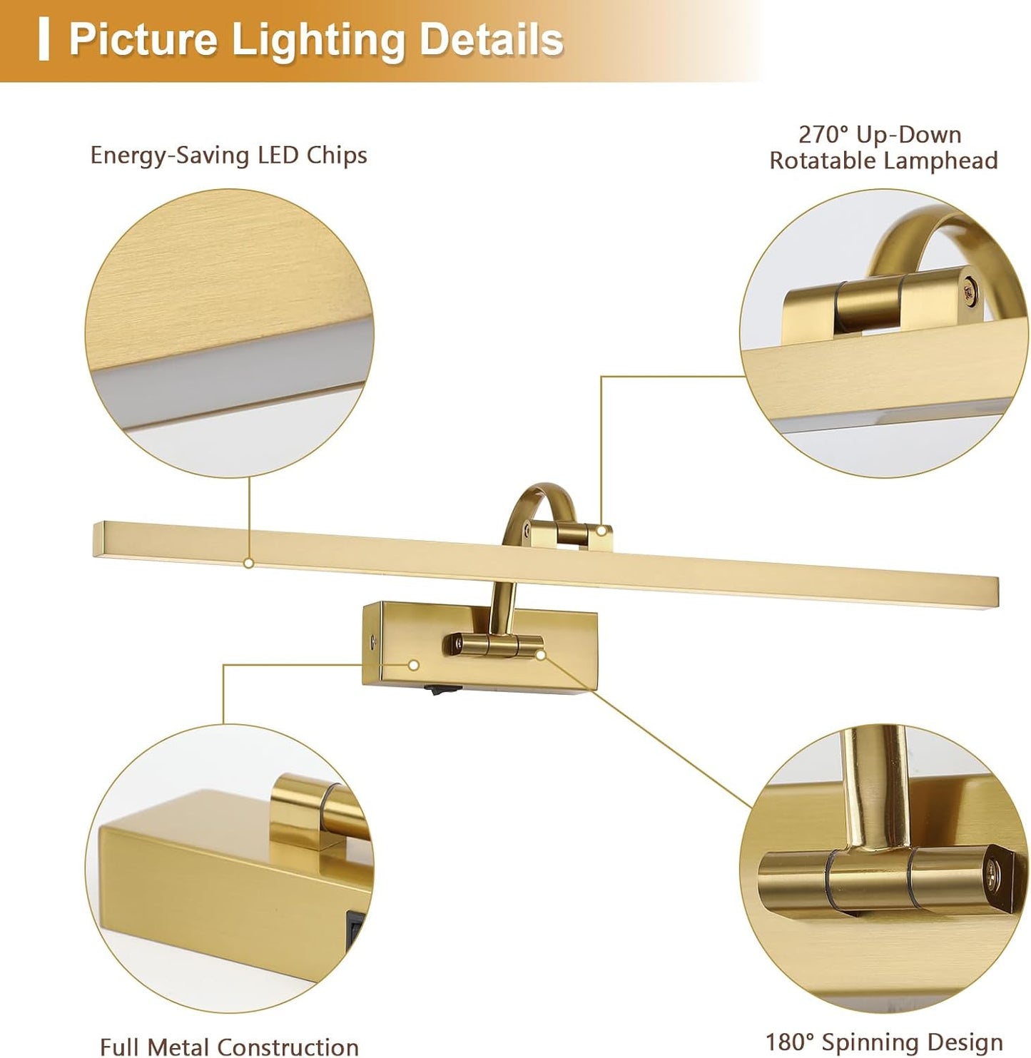Wireless Picture Lights for Wall Battery Operated, Brass Art Lighting for Paintings Rechargeable Gallery lights with