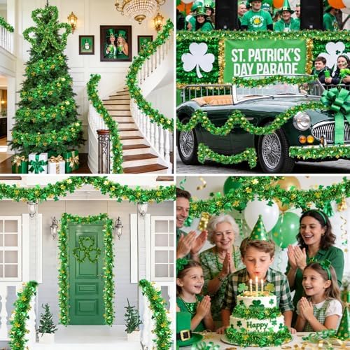 St Patrick's Day Tinsel Garland 33FT Gold Green Shamrock Hat Tinsel Garland Shiny Clover Metallic Hanging Decoration Irish Shamrock Garlands for Home Indoor Outdoor St Patrick Irish Home Decor