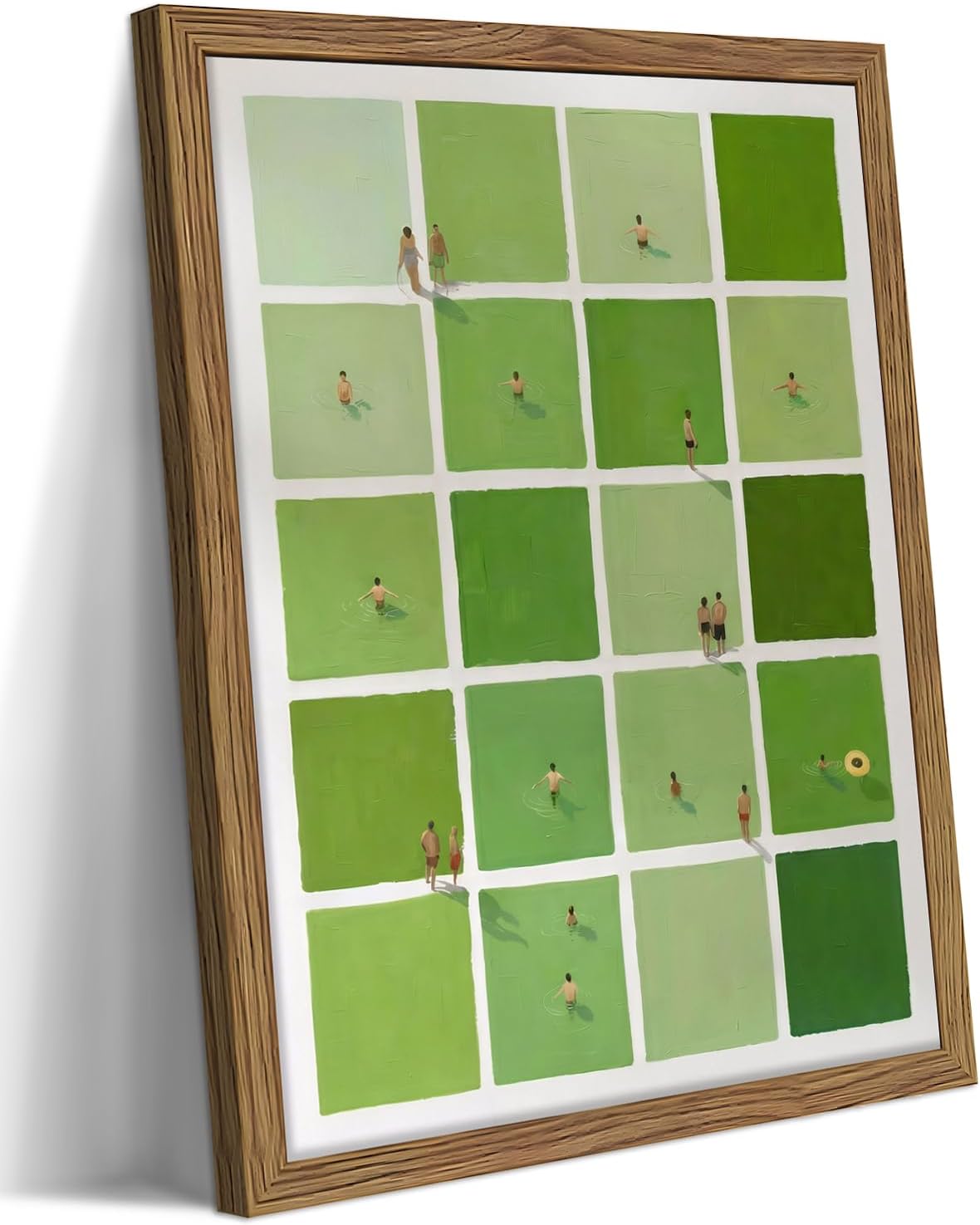 Framed Modern Green Wall Art, Minimalist Summer Swimming Pool Canvas Wall Decor Painting, Mid Century Stripe Artwork