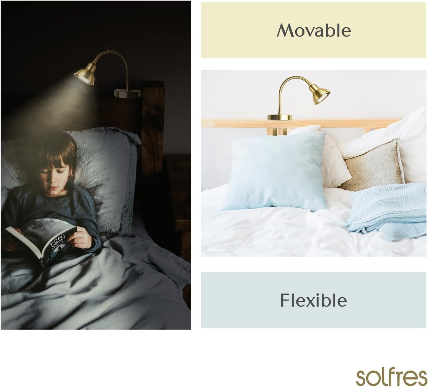 Patented Innovative Design Headboard Reading Light. No Drilling Golden Book Light for Bedtime Reading. Dimmable LED