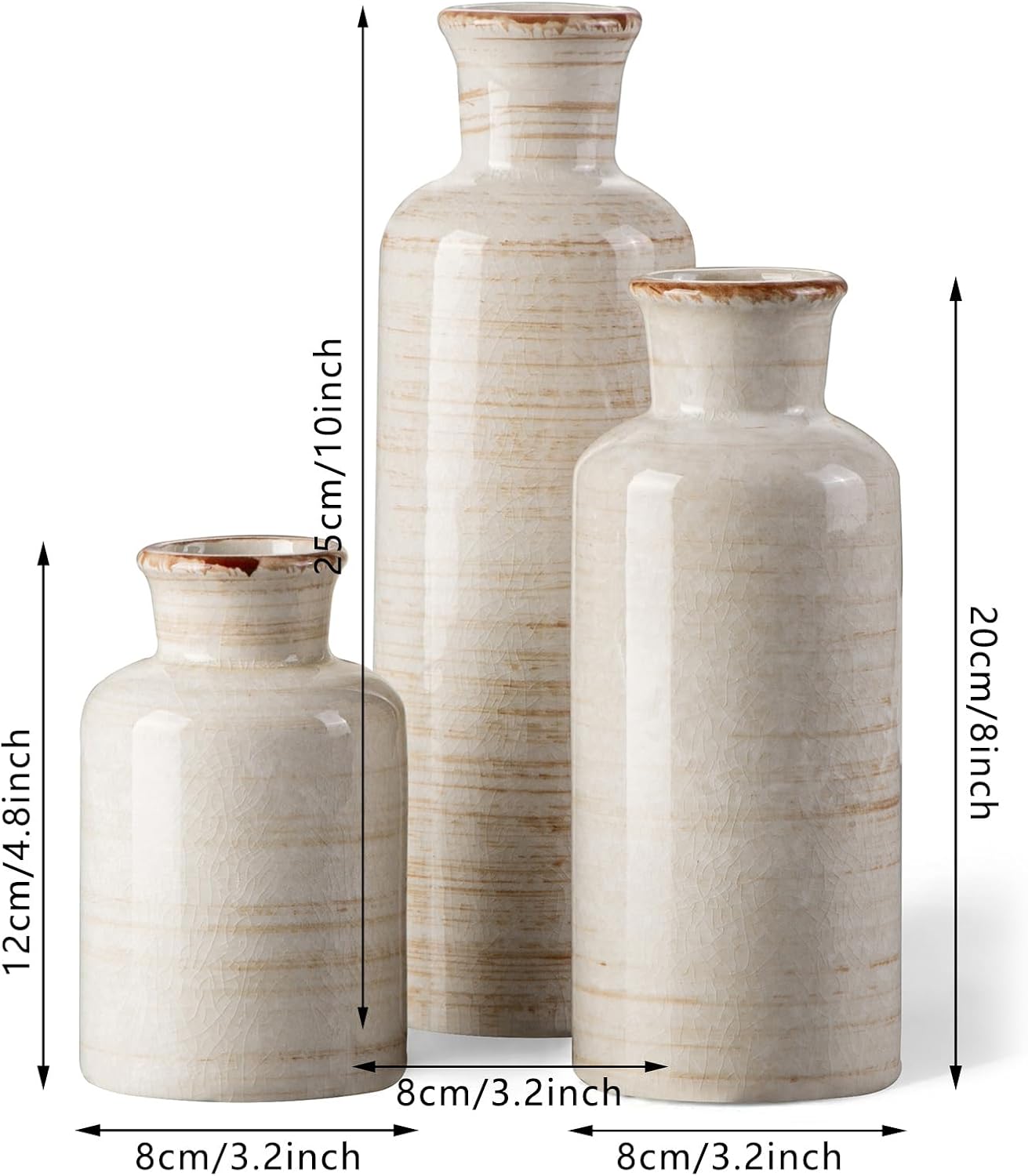 Ceramic Rustic Vase 3 Piece Set / Ivory
