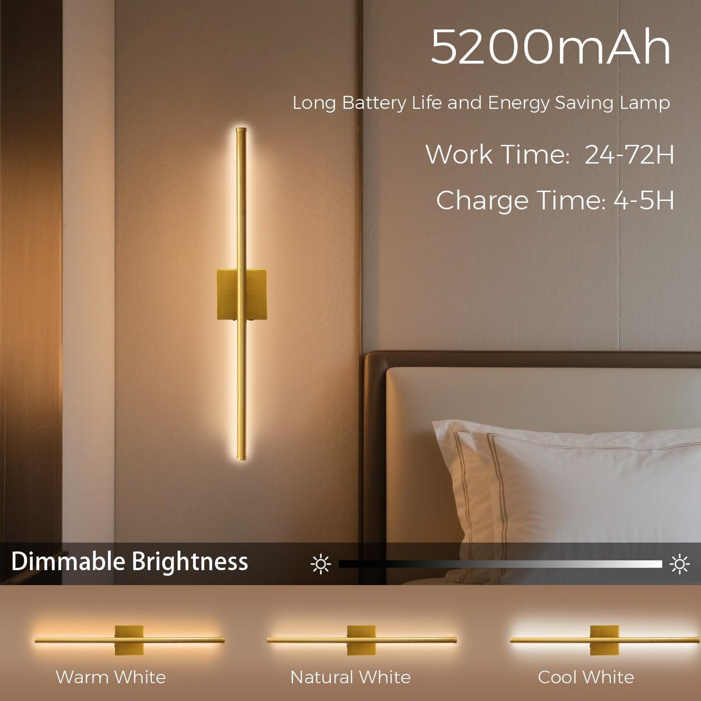 Rechargeable Wall Sconce Set of Two, Modern Wireless Brass Wall Sconces with Remote, 28.35Inch Dimmable Indoor Home