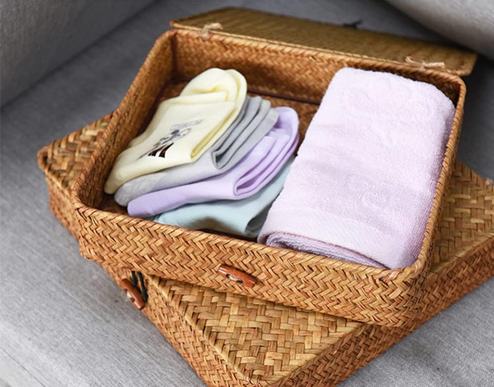 Wicker Basket / Flat Seagrass Storage Bins / Natural / Set of 2