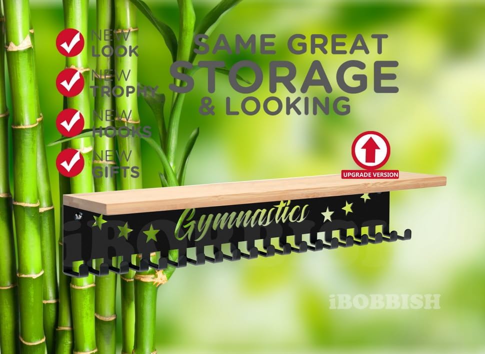 iBobbish Premium Trophy and Medal Display Shelf 16inchL,Metal Trophy Shelf with Hooks Upgraded,Large Bamboo Trophy