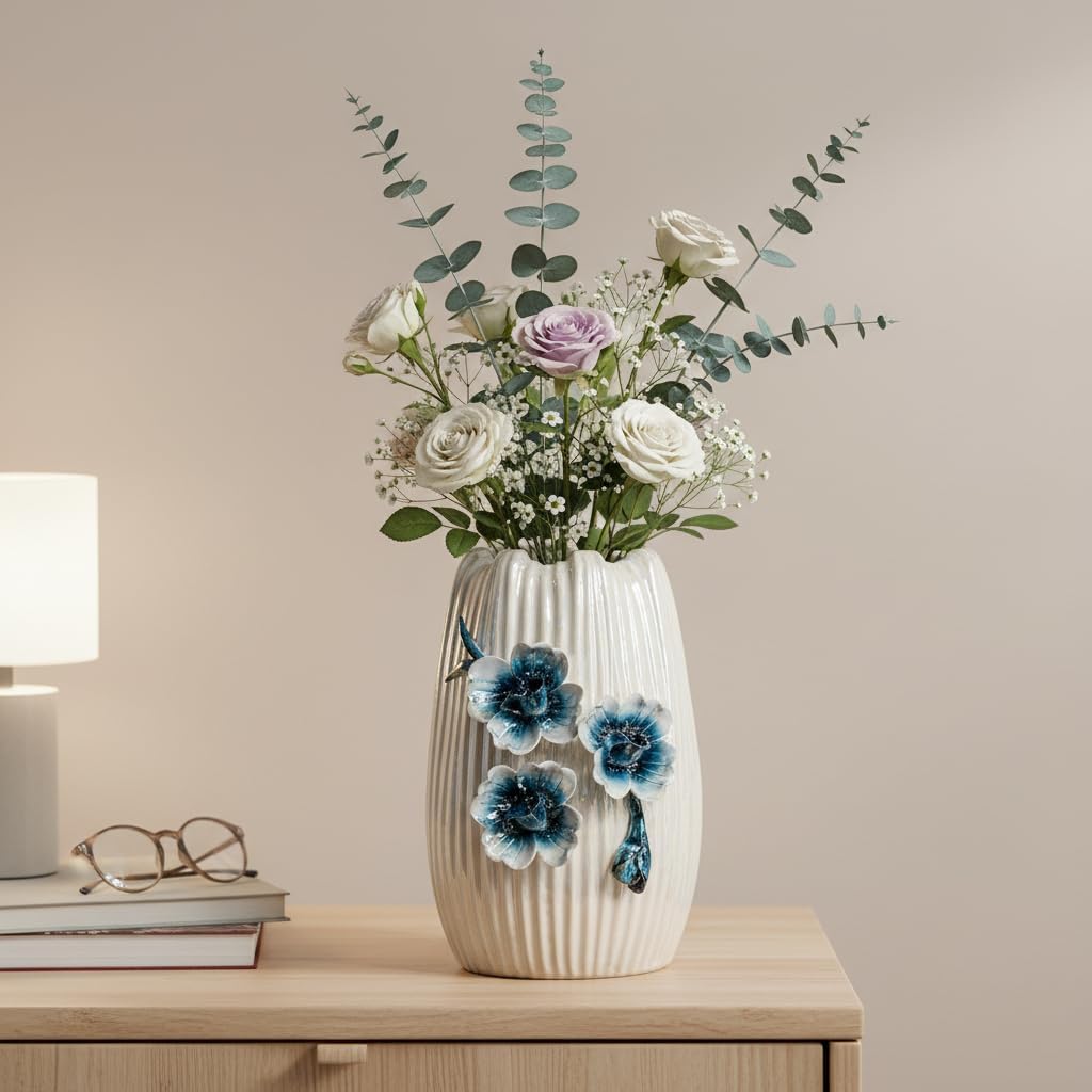 Modern Ceramic Vases for Centerpieces / White and Dark Blue / 7 Inch