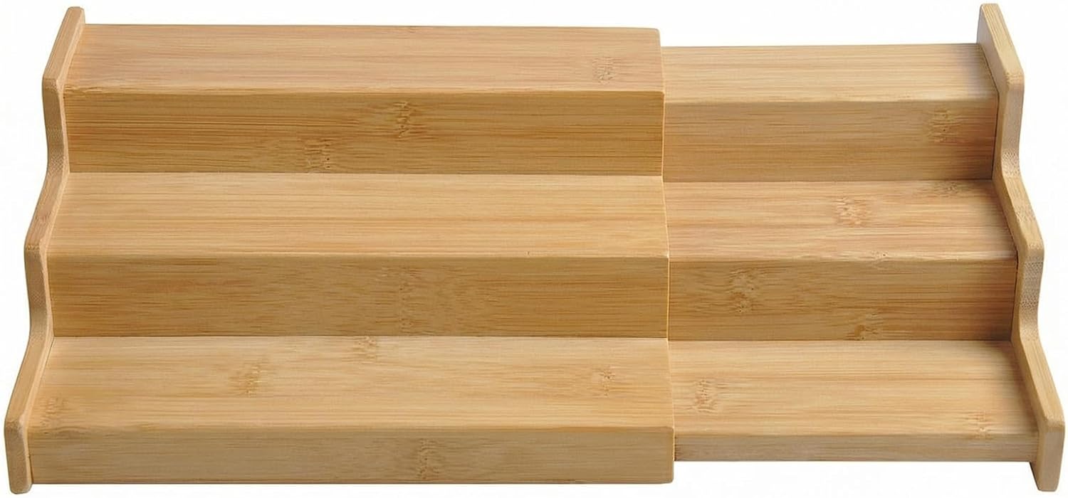 JinDoWin Spice Rack Organizer for Cabinets,Countertop & Pantries,2 Pack | Expandable design, 3-Tier stepped bamboo