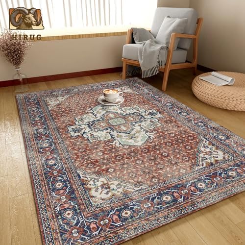 Washable Area Rug 5' x 7' Vintage Traditional Persian Mat - Foldable Distressed Non-Slip Machine Washable Carpet for