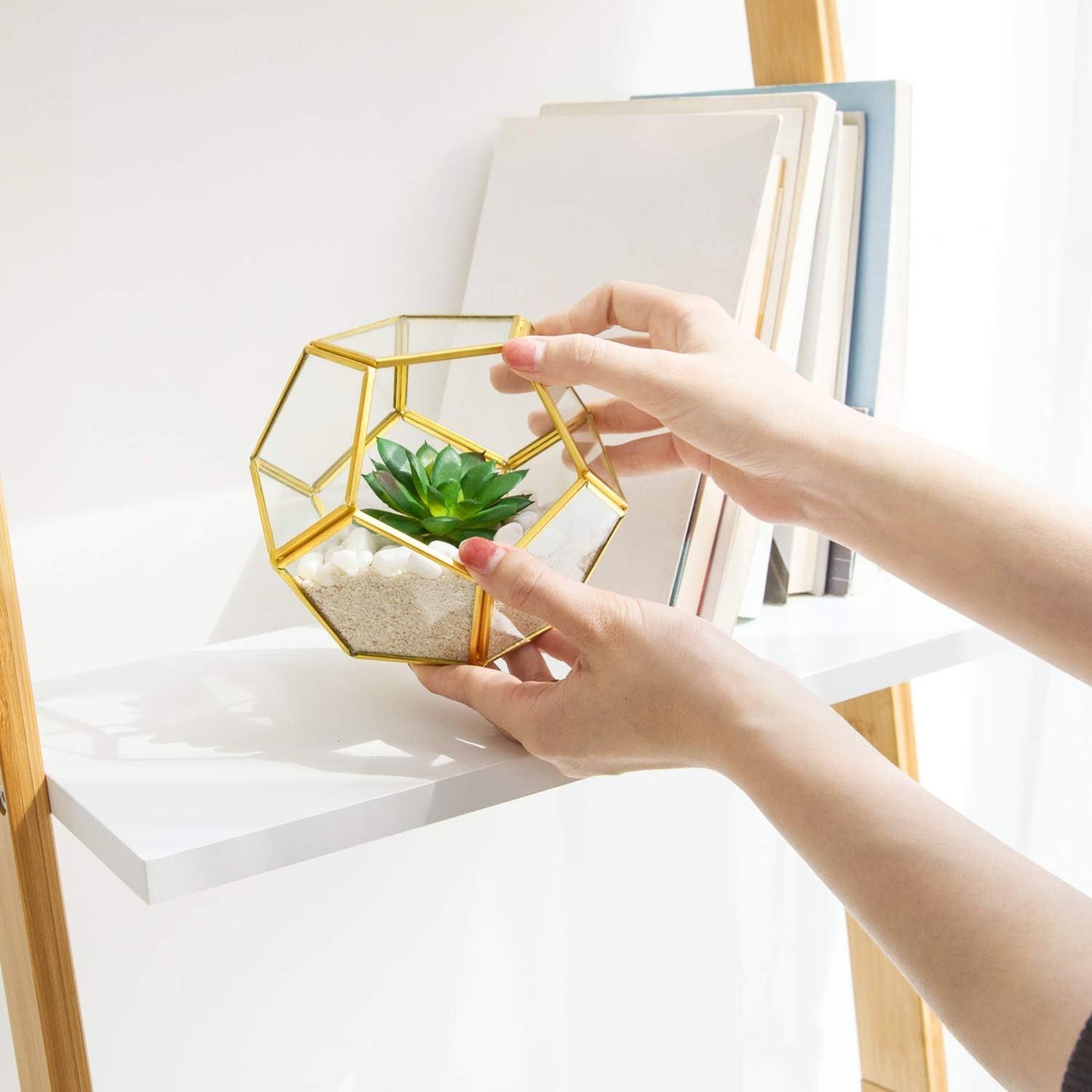 Miniature Potted Faux Plant Bookshelf Desk Boho / Gold,green,clear / Set of 3