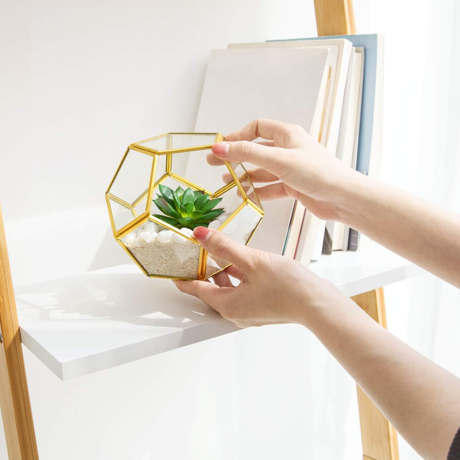 Miniature Potted Faux Plant Bookshelf Desk Boho / Gold,green,clear / Set of 3