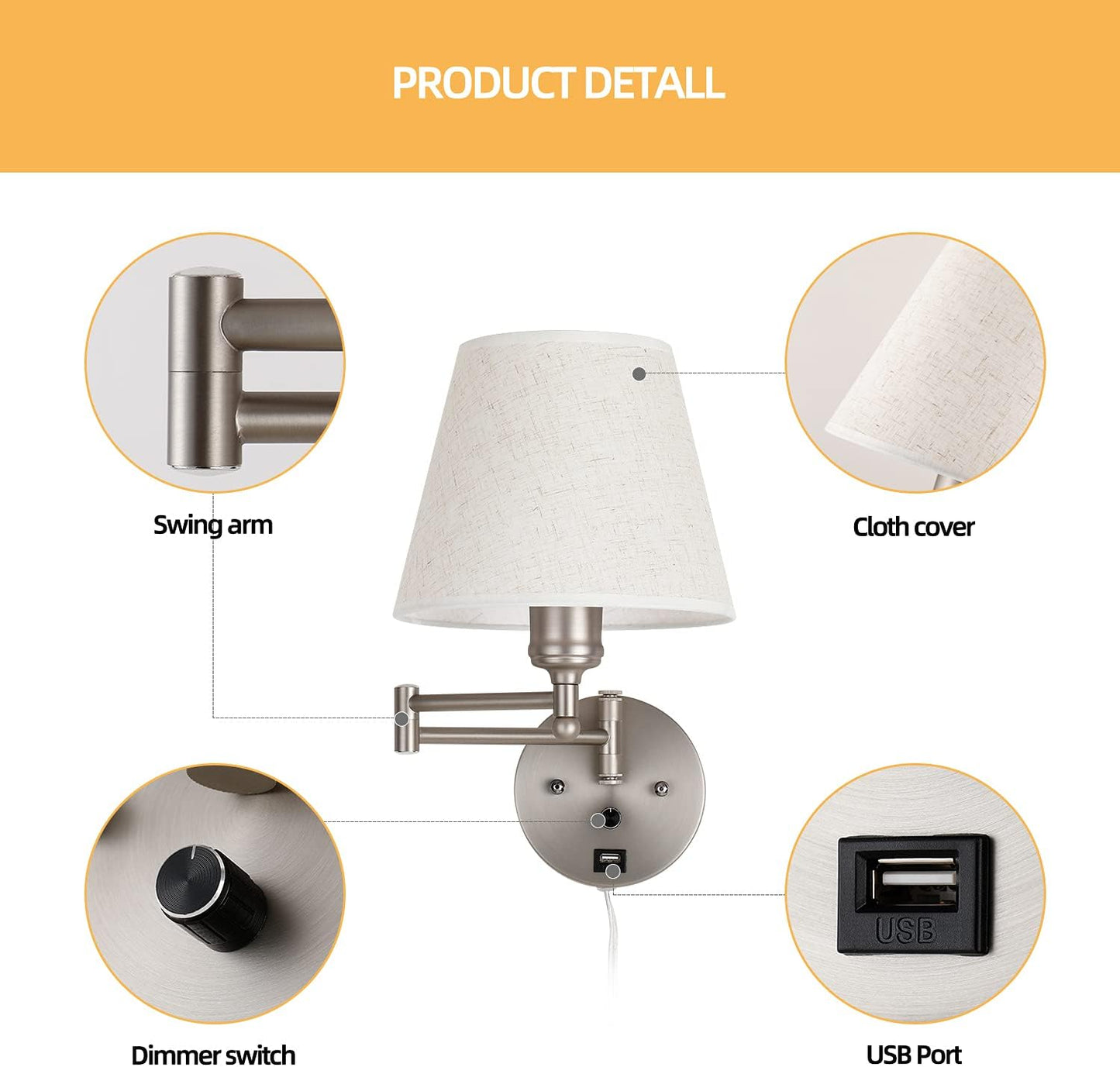 Swing Arm Wall Lamp Wall Mount Lamp with Cord Plug in Wall Sconce Lighting with Dimmable On Off Switch Wall Light with