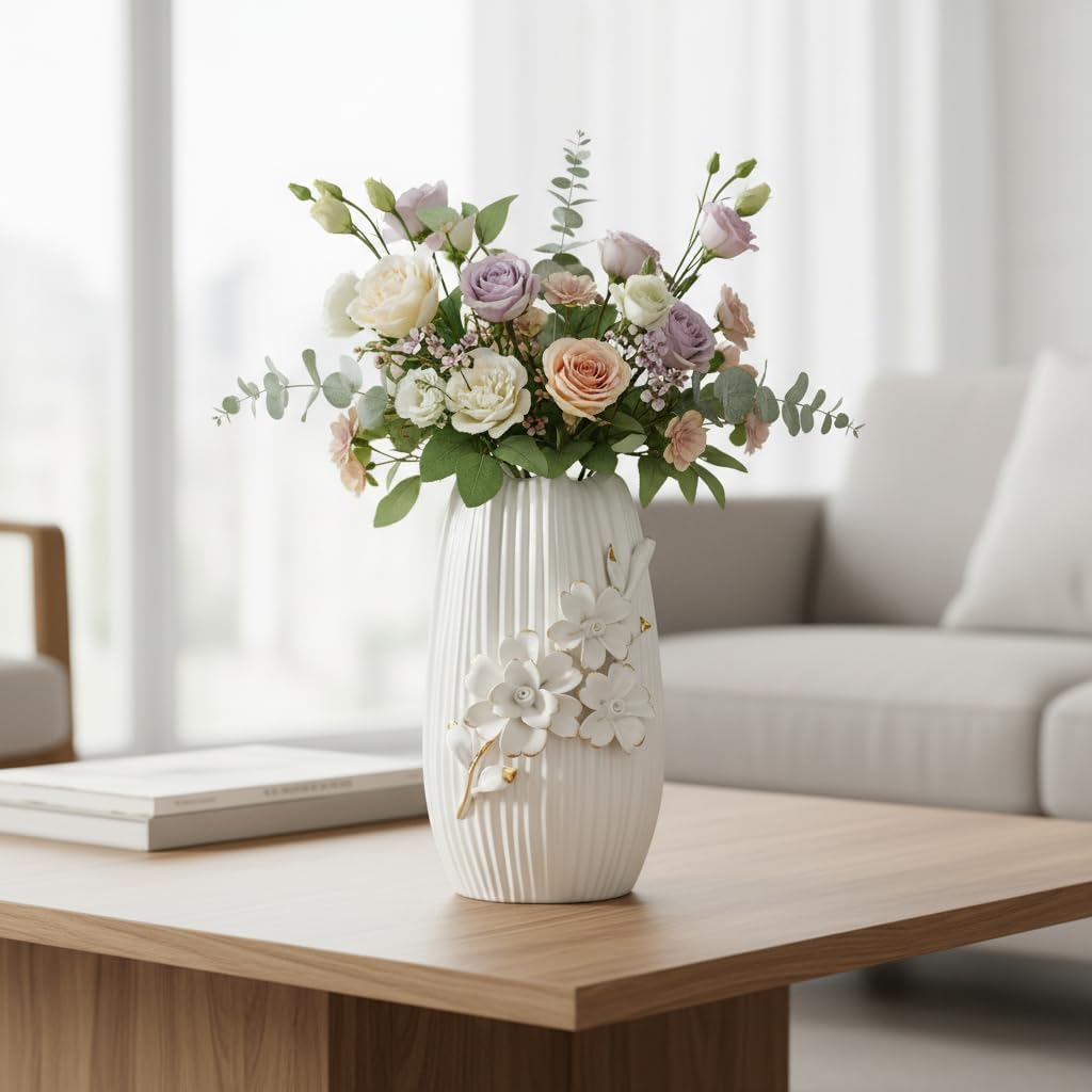 Ceramic Vase / 3D Modern Vase for Centerpieces / White / 9 Inch