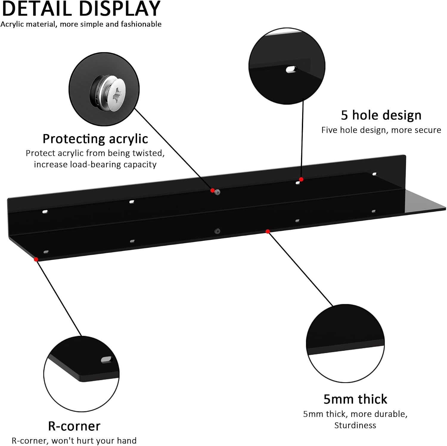 Sezanrpt 30 Inches Acrylic Long Wall Shelf Set of 2, Black Wall Mounted Acrylic Bathroom Storage Shelves Display